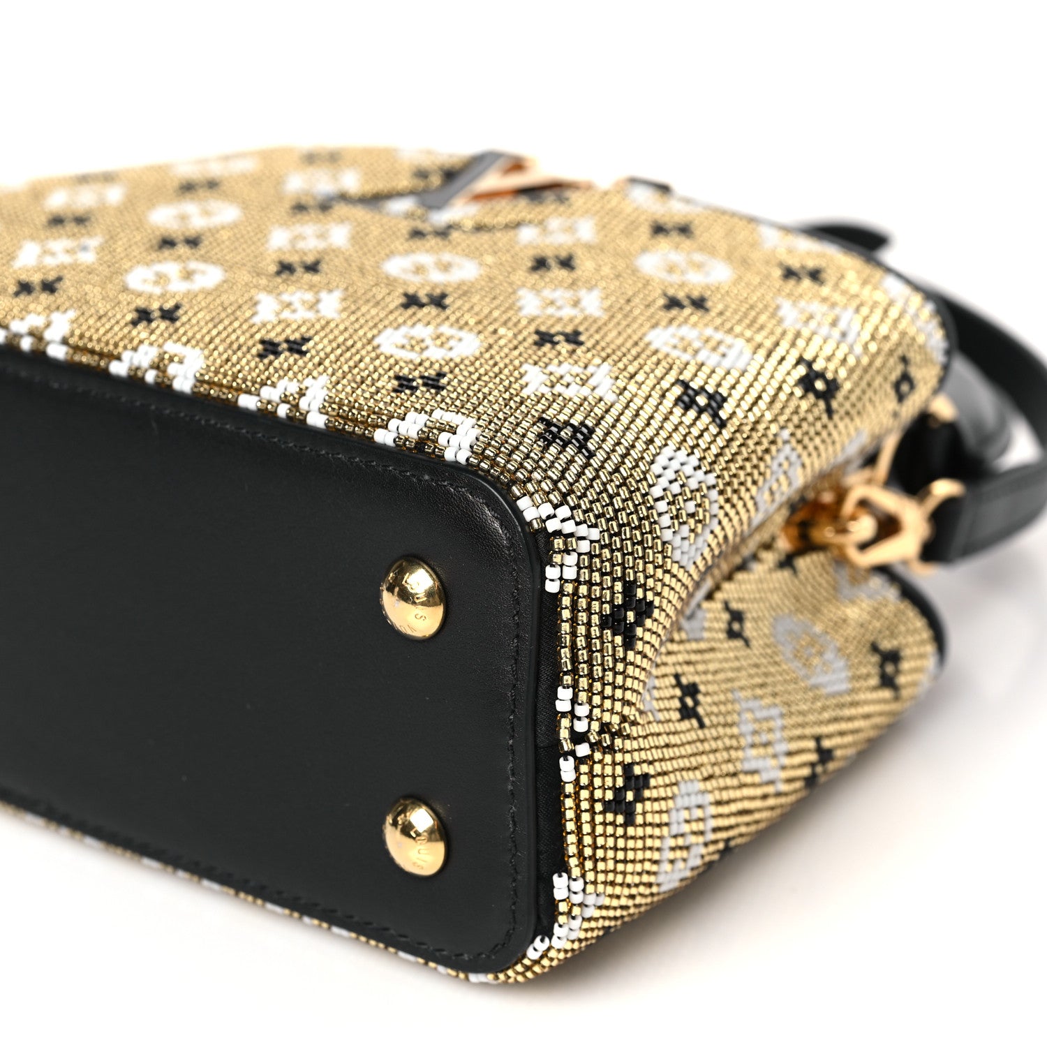 Louis Vuitton Satin Beaded Embroidered Monogram Calfskin Capucines Mini Gold Black 6 of 7
