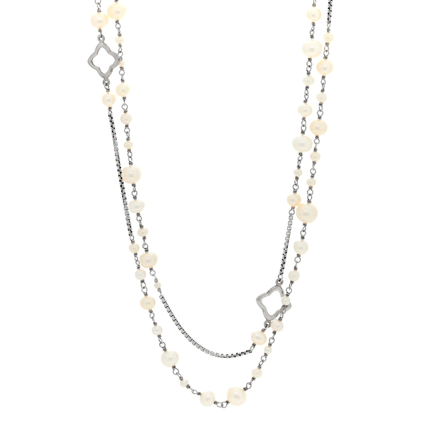 Sterling Silver Pearl Quatrefoil Long Chain Necklace