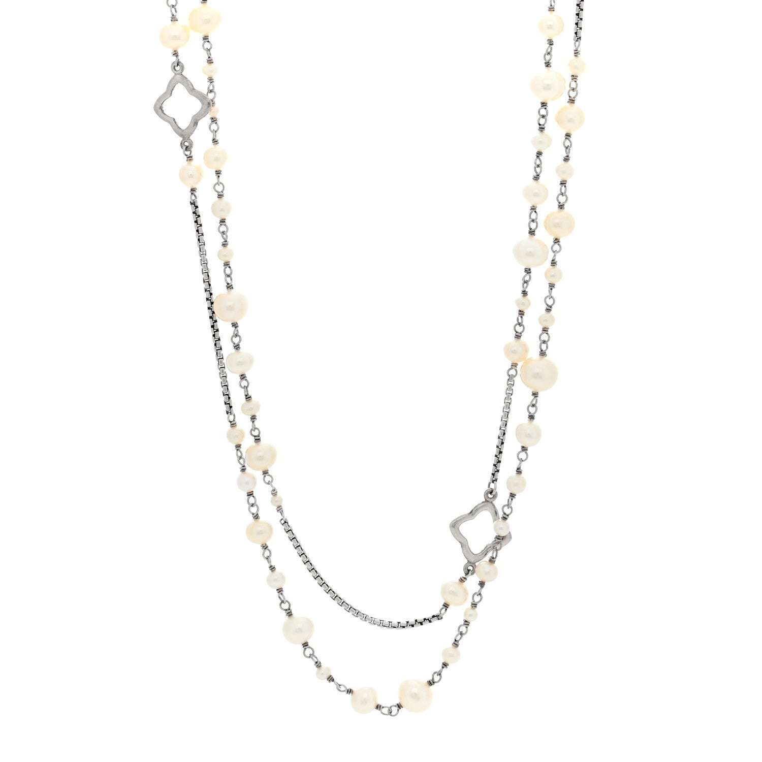 David Yurman Sterling Silver Pearl Quatrefoil Long Chain Necklace 1 of 4