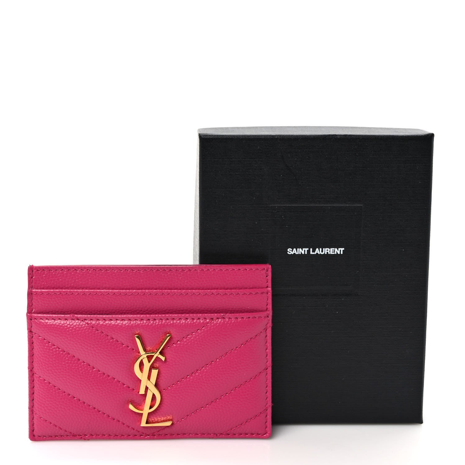 Saint Laurent Grain De Poudre Matelasse Chevron Monogram Credit Card Case Fresh Fuxia 8 of 8