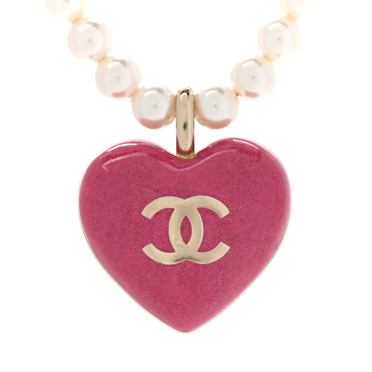 Chanel Pearl Crystal Resin CC Heart Short Necklace Pink Gold White 5 of 8