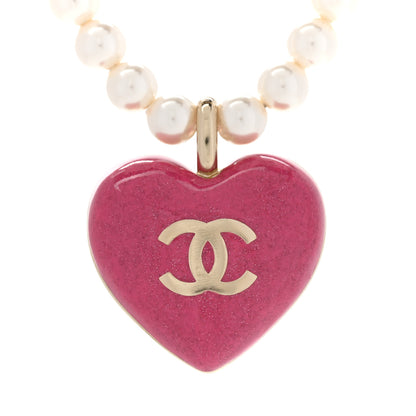 Chanel Pearl Crystal Resin CC Heart Short Necklace Pink Gold White 5 of 8