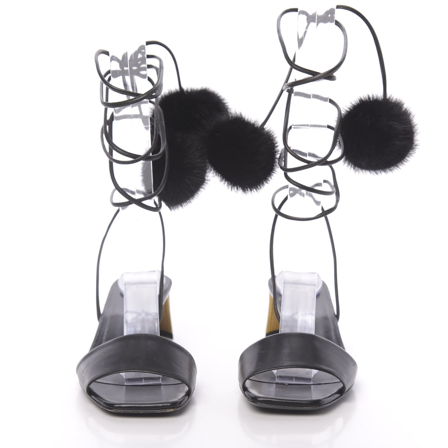 Gucci Calfskin Heloise Lace Up Pom Sandals 37 Black 2 of 8