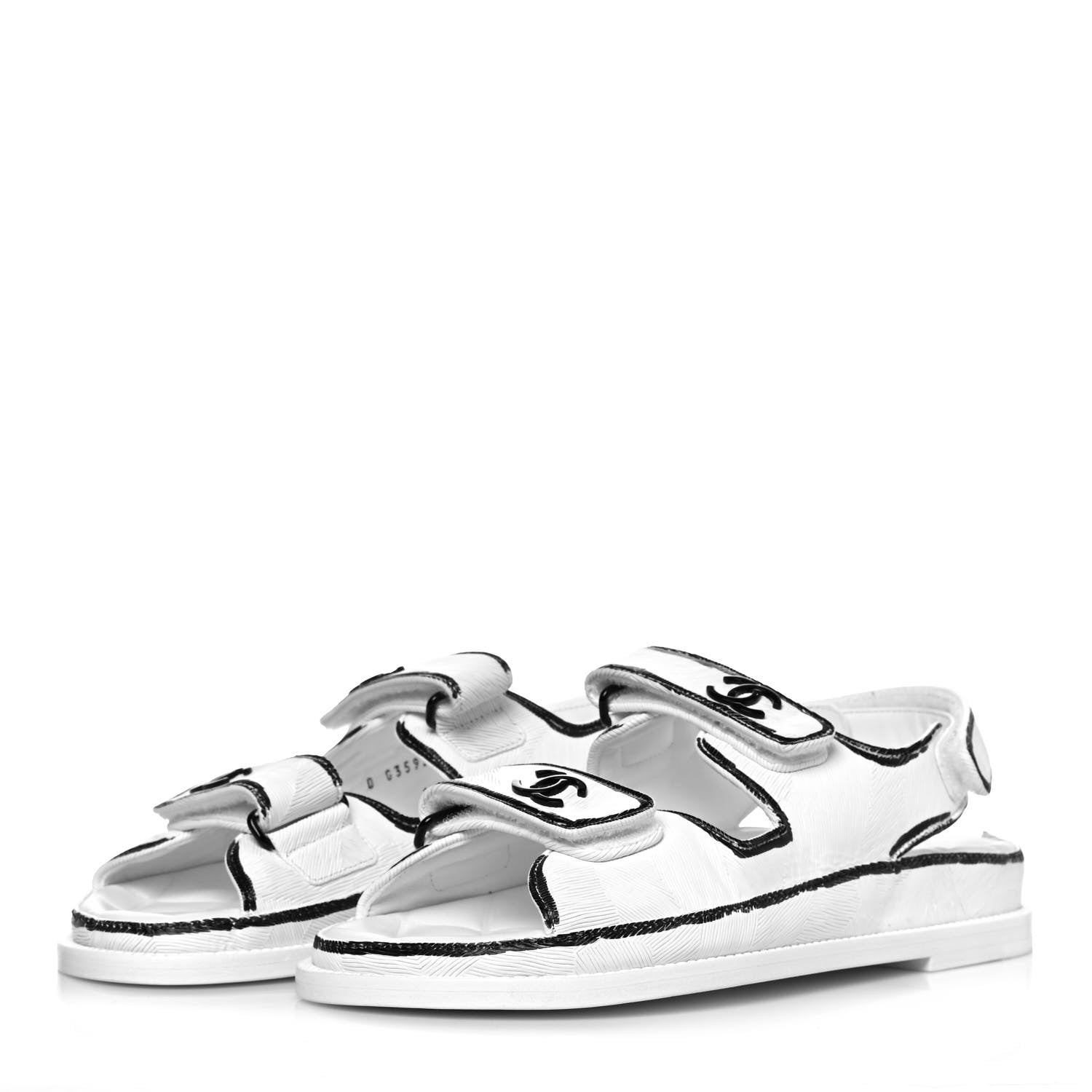 Chanel Calfskin Printed Velcro Dad Sandals 37 White Black 3 of 9