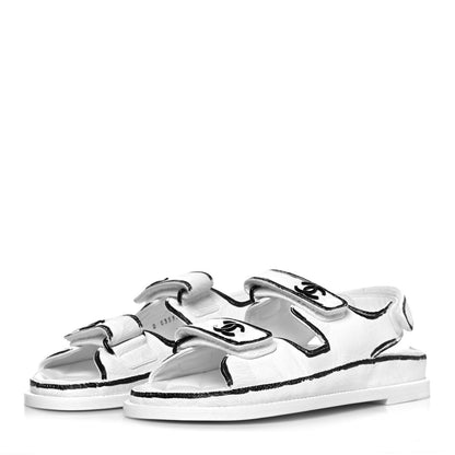 Chanel Calfskin Printed Velcro Dad Sandals 37 White Black 3 of 9