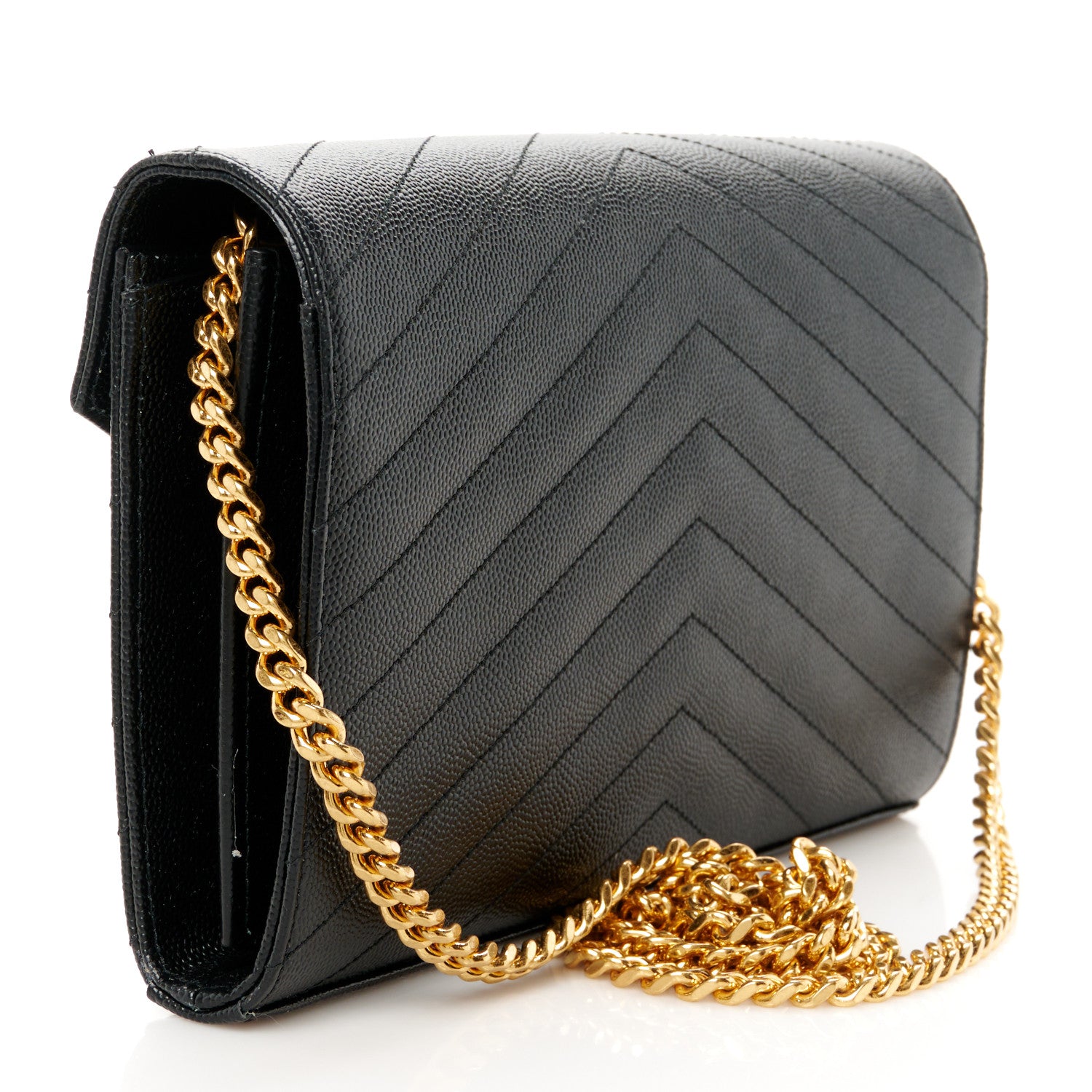 Saint Laurent Grain De Poudre Matelasse Chevron Monogram Chain Wallet Black 3 of 9