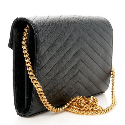 Saint Laurent Grain De Poudre Matelasse Chevron Monogram Chain Wallet Black 3 of 9