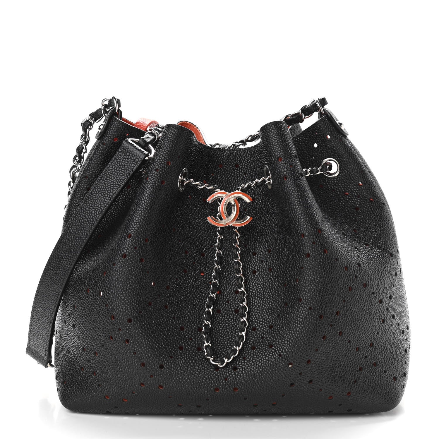 Chanel Caviar Perforated Drawstring CC Bag Black Orange 2 of 13