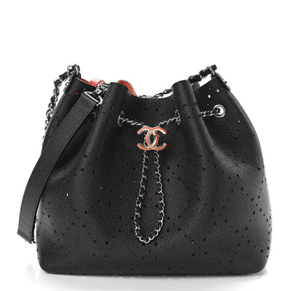 Chanel Caviar Perforated Drawstring CC Bag Black Orange 2 of 13