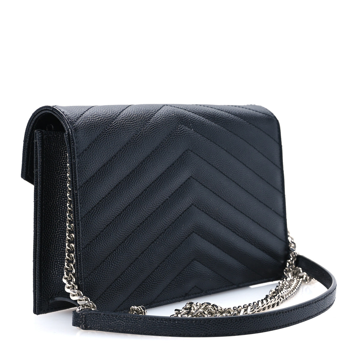 Saint Laurent Grain De Poudre Matelasse Chevron Monogram Envelope Chain Wallet Black 2 of 9