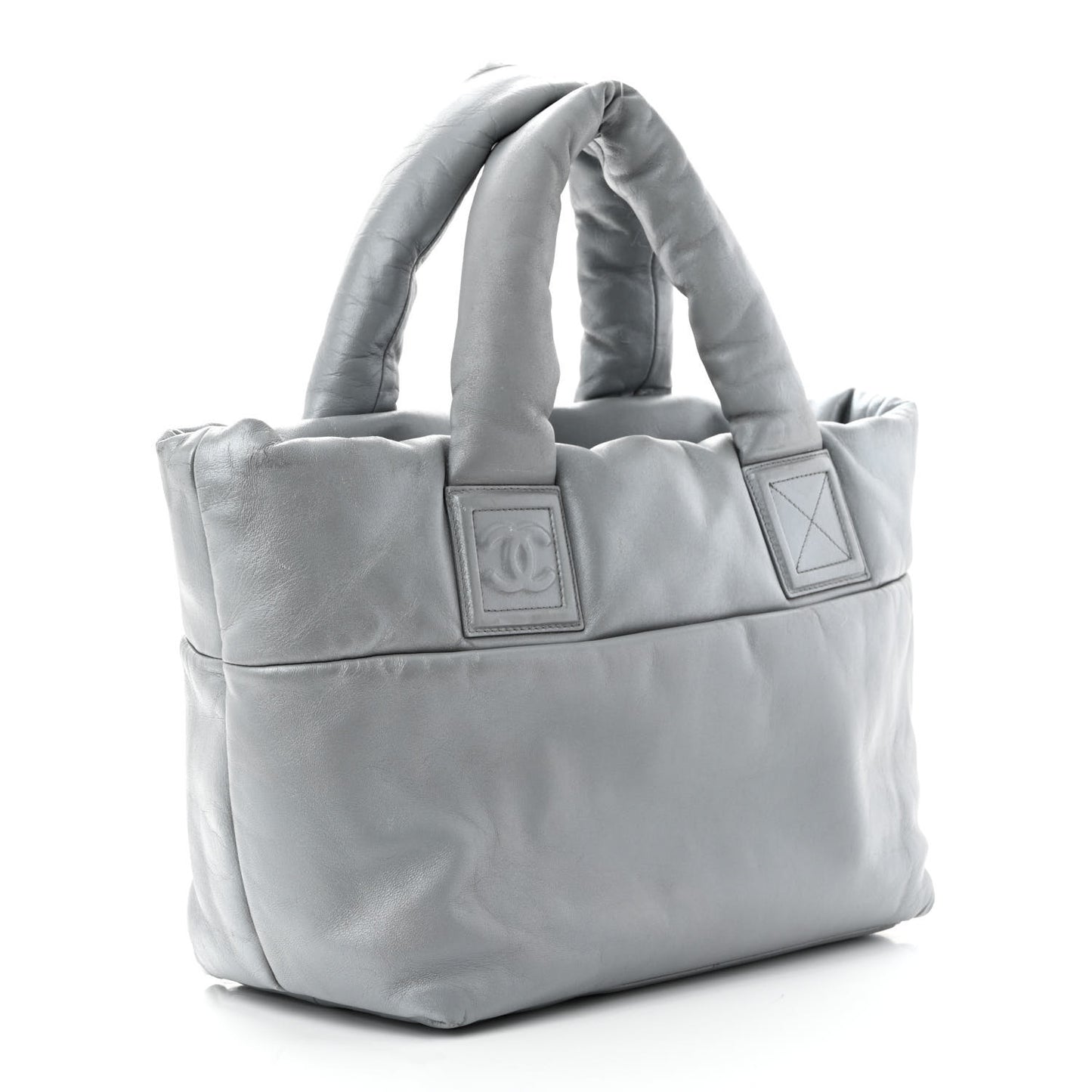 Metallic Lambskin Quilted Small Coco Cocoon Reversible Tote Light Grey
