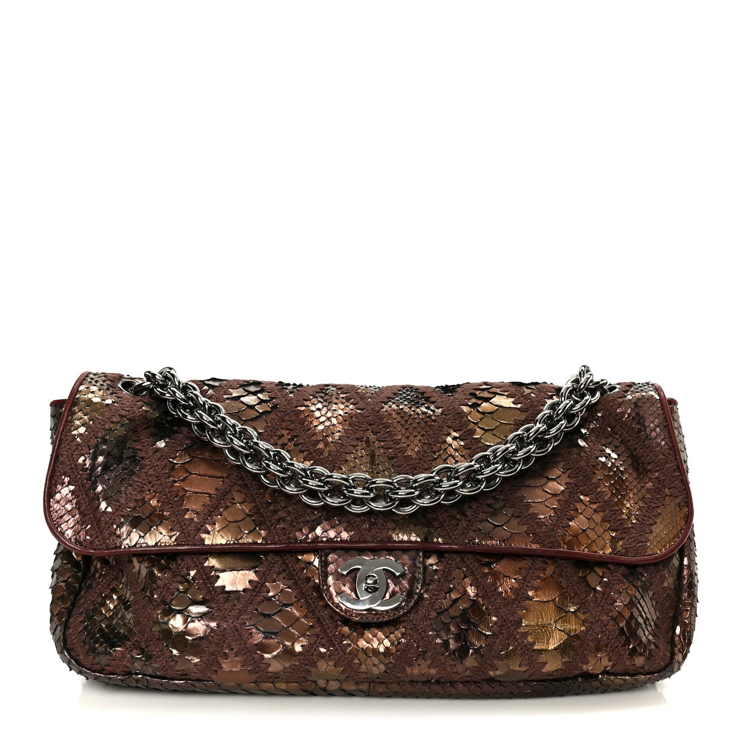 Chanel Metallic Snakeskin Crochet Soft and Chain Maxi Flap Burgundy Multicolor 1 of 11