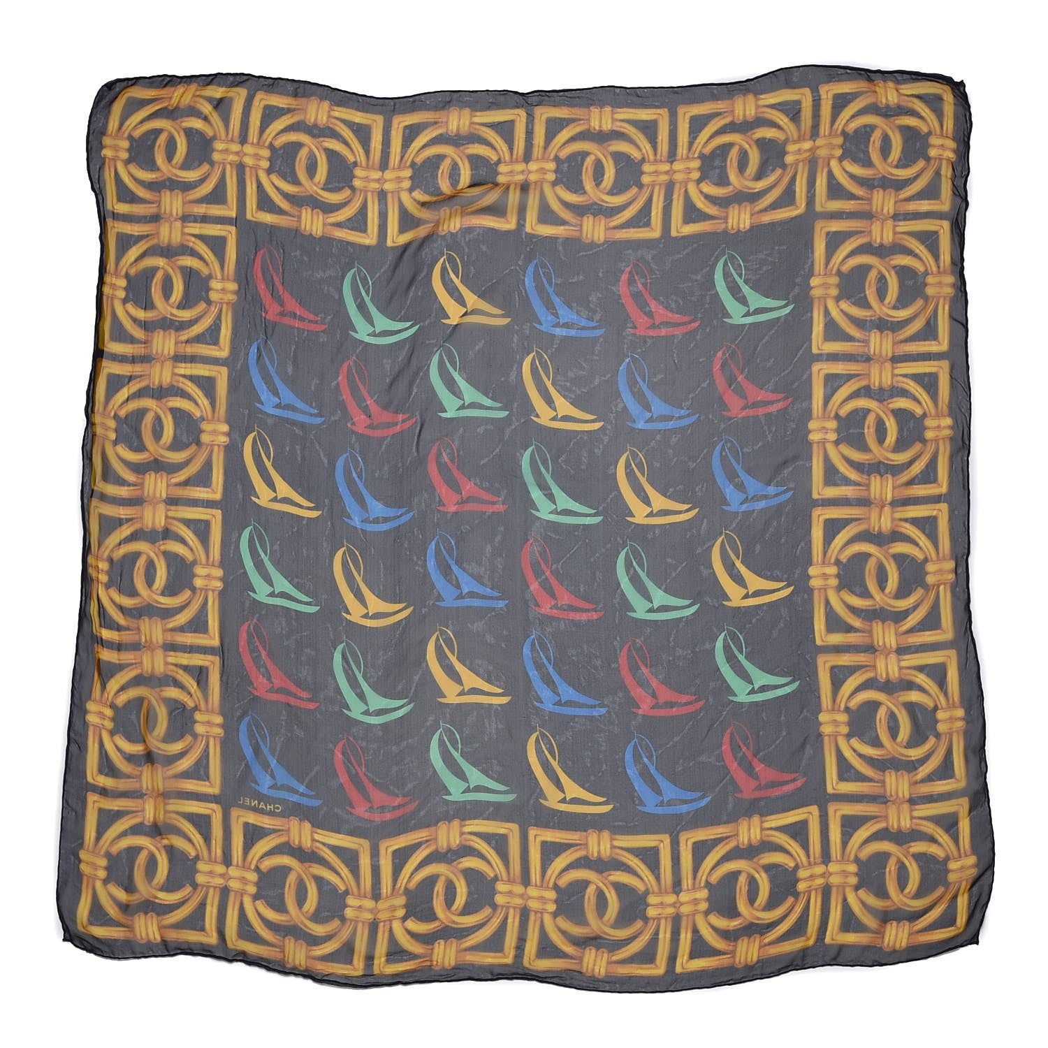 Chanel Silk Chiffon Sailboat Scarf Navy 3 of 4