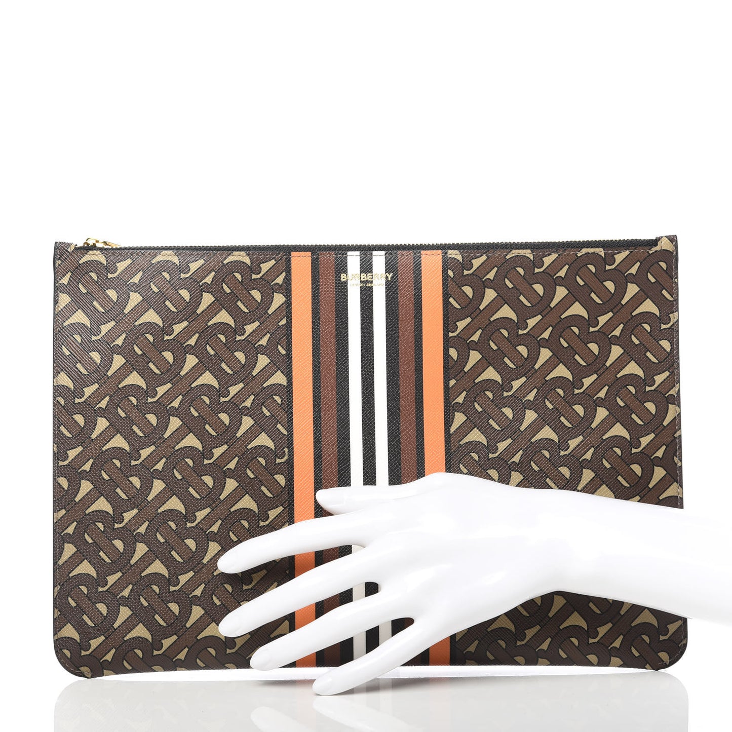 E-Canvas Monogram Stripe Zip Pouch Brown Orange