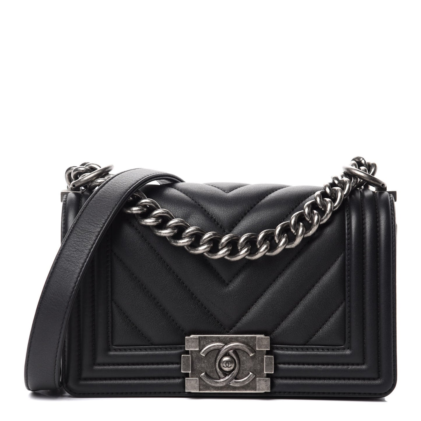 Calfskin Chevron Quilted Small Boy Flap Black