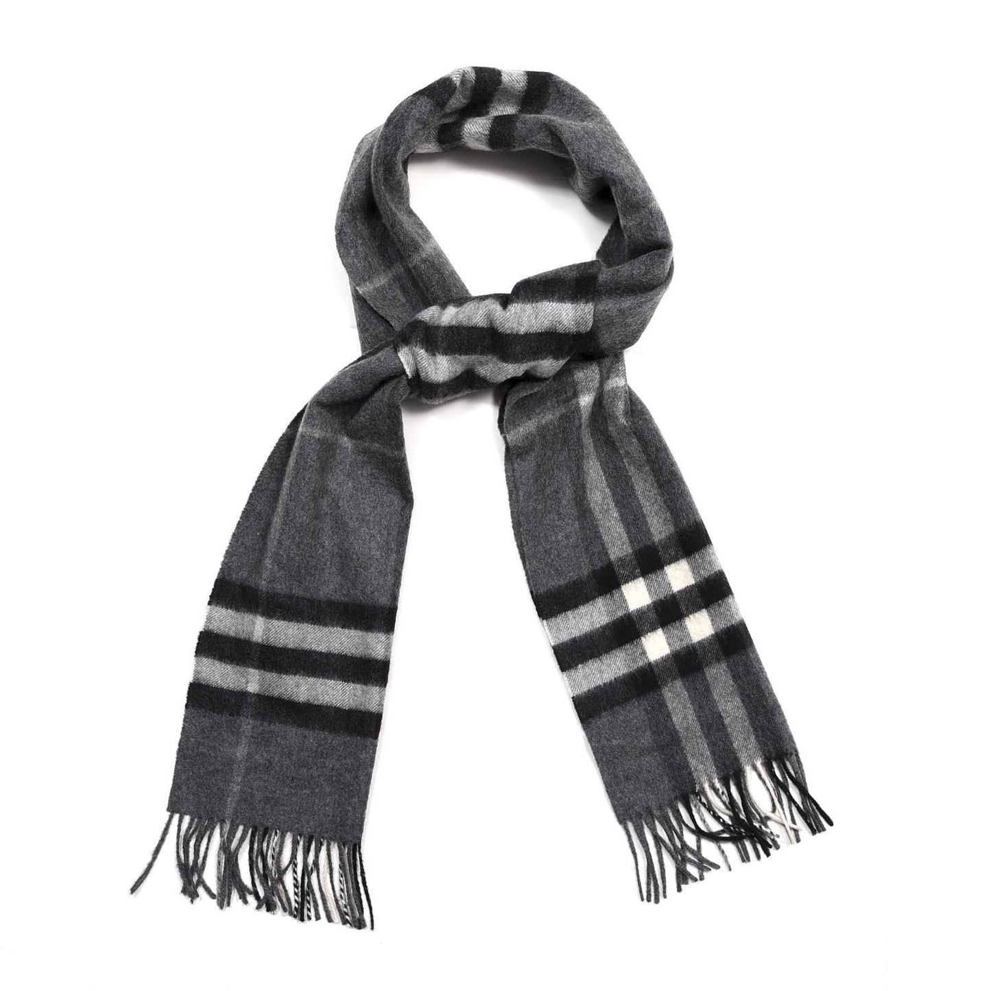 Cashmere Giant Check Fringe Scarf Grey