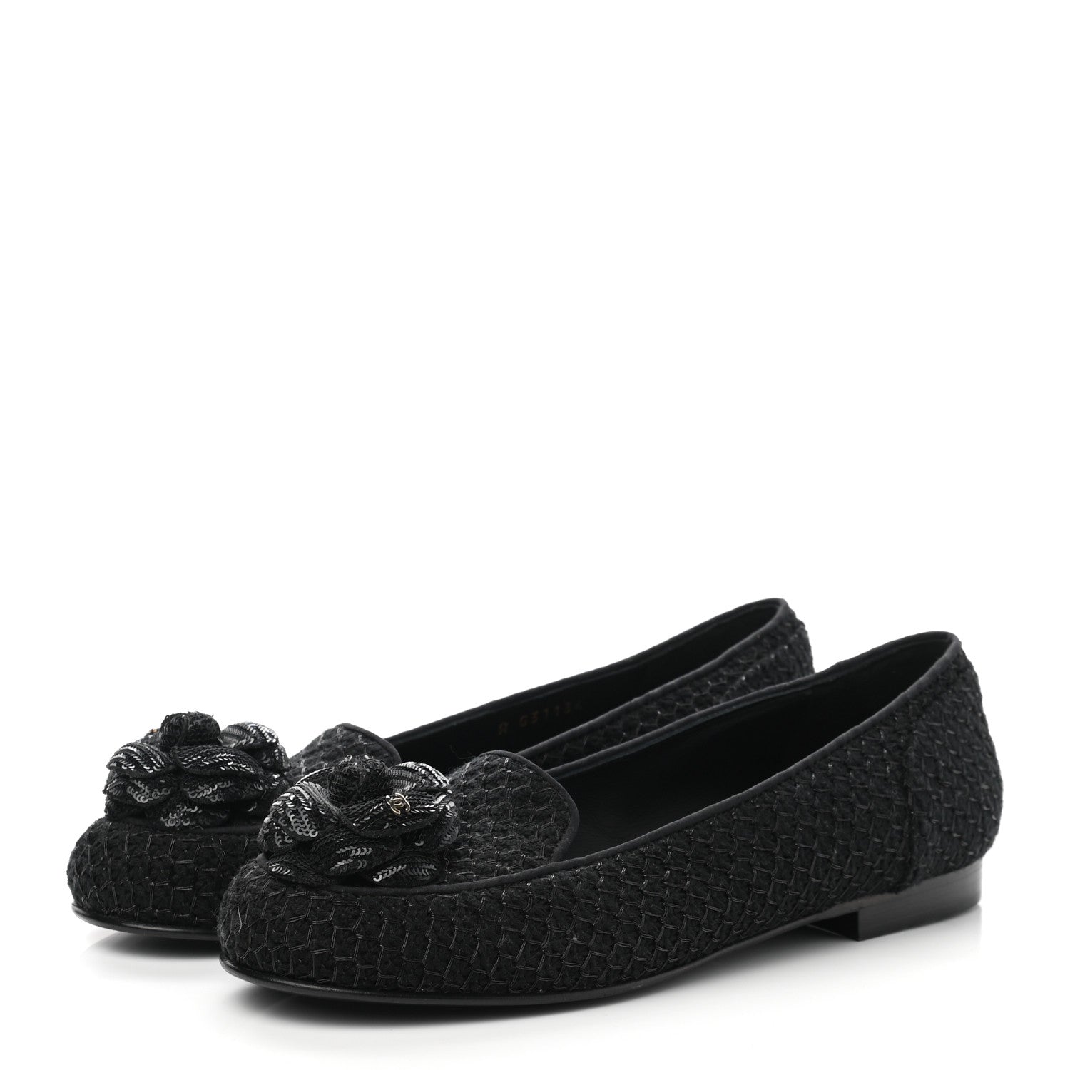 Chanel Tweed Sequin Camellia Mocassin Loafers 36.5 Black 3 of 8