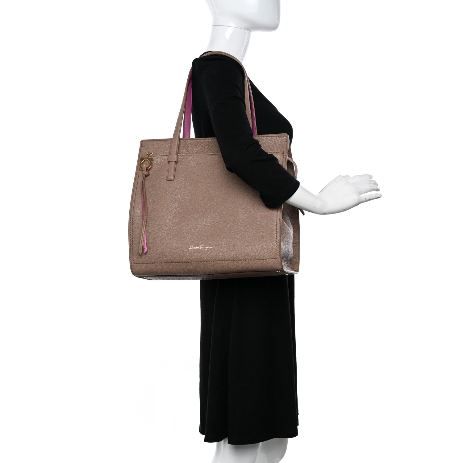 Salvatore Ferragamo Grained Calfskin Double Handle Medium Amy Tote Beige Pink 2 of 11