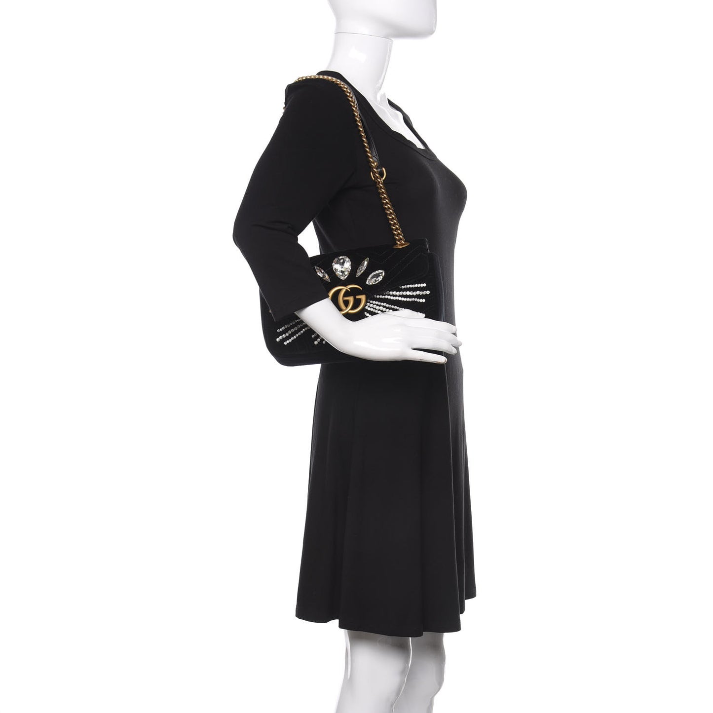Velvet Matelasse Marquise Crystals Embroidered Small GG Marmont Shoulder Bag Black