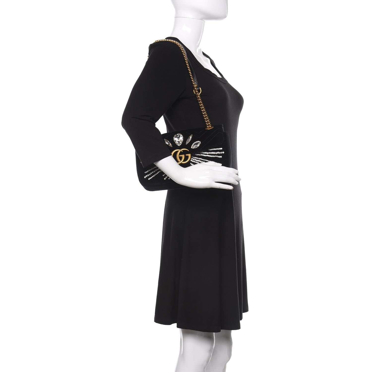 Gucci Velvet Matelasse Marquise Crystals Embroidered Small GG Marmont Shoulder Bag Black 3 of 11