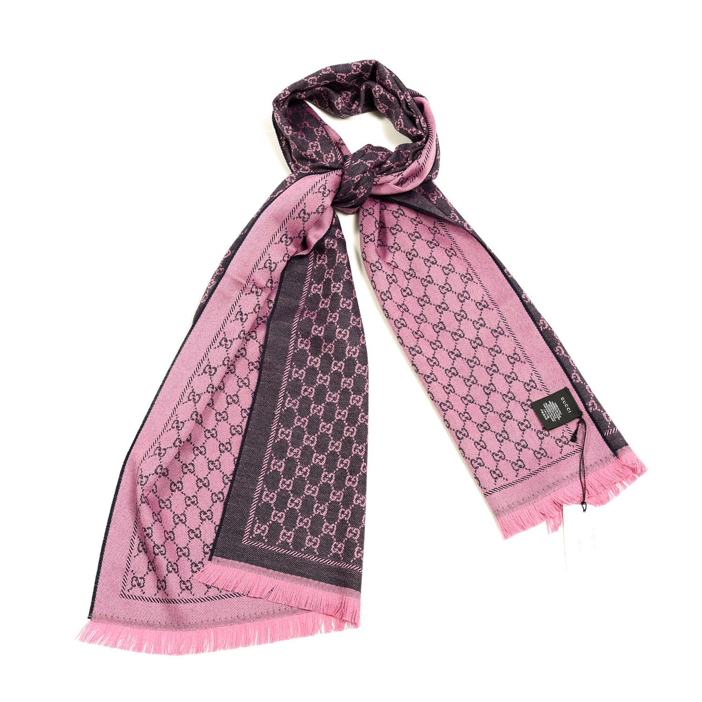 Wool GG Monogram Reversible New Sten Fringe Scarf Midnight Blue Pink
