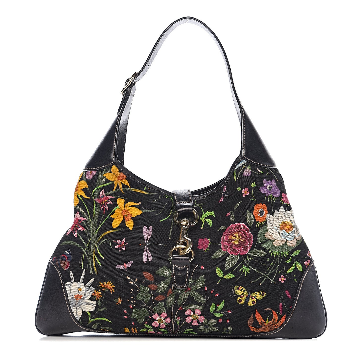Canvas Floral Flora Medium Jackie O Bouvier Hobo Black