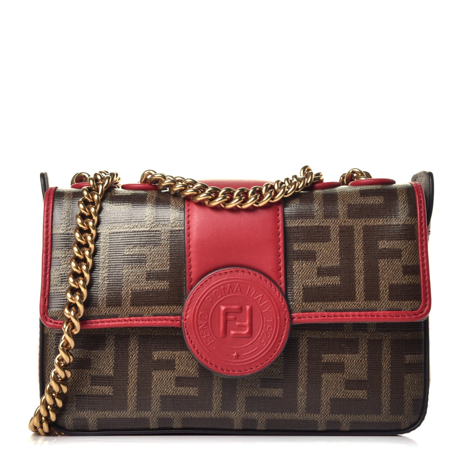 Fendi Glazed Fabric Vitello Century FF 1974 Stamp Patch Mini Double F Crossbody Bag Mogano Panna Fragola 1 of 9