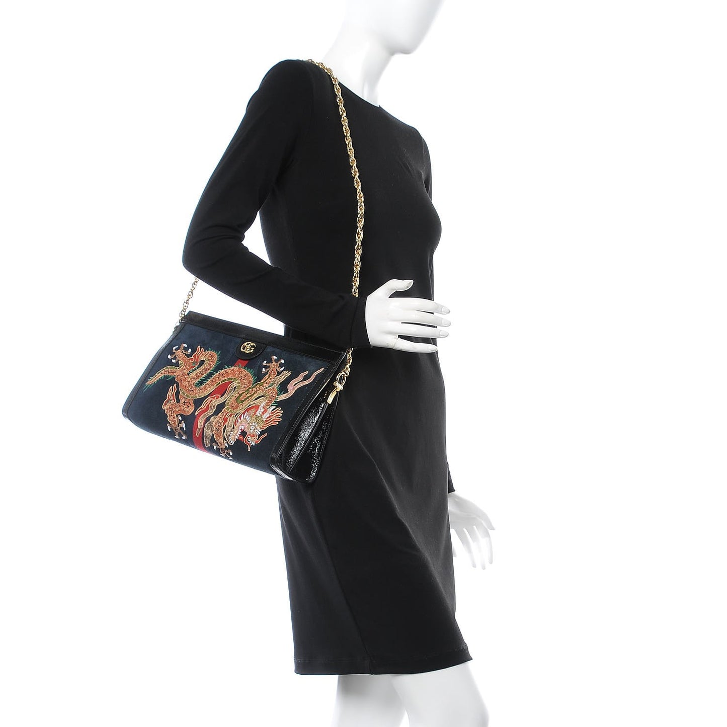 Suede Patent Web Dragon Embroidered Medium Ophidia Chain Shoulder Bag Blue Multicolor Black