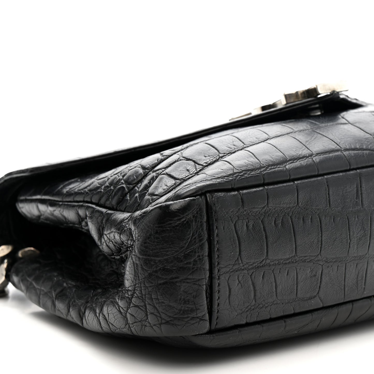 Calfskin Crocodile Embossed Medium College Monogram Satchel Black