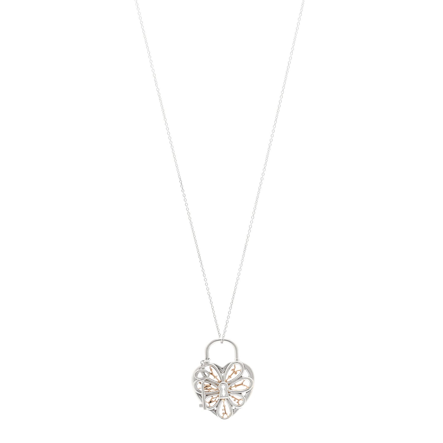 Sterling Silver 18K Rose Gold Filigree Heart Key Pendant Necklace