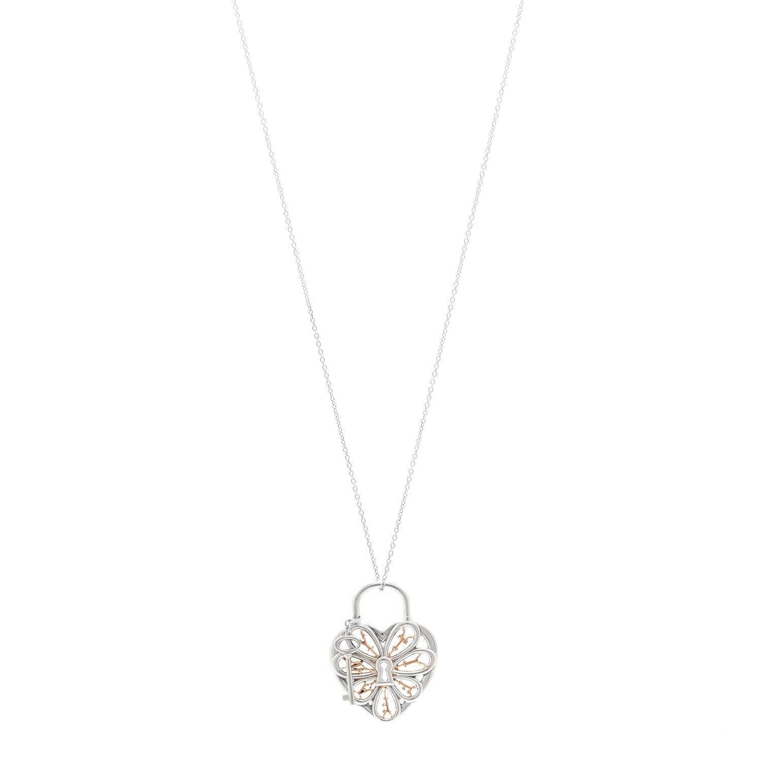 Tiffany Sterling Silver 18K Rose Gold Filigree Heart Key Pendant Necklace 1 of 5