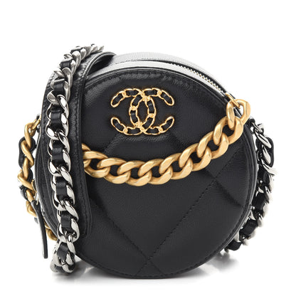 Chanel Shiny Goatskin Quilted Chanel 19 Round Clutch With Chain Black 1 of 9