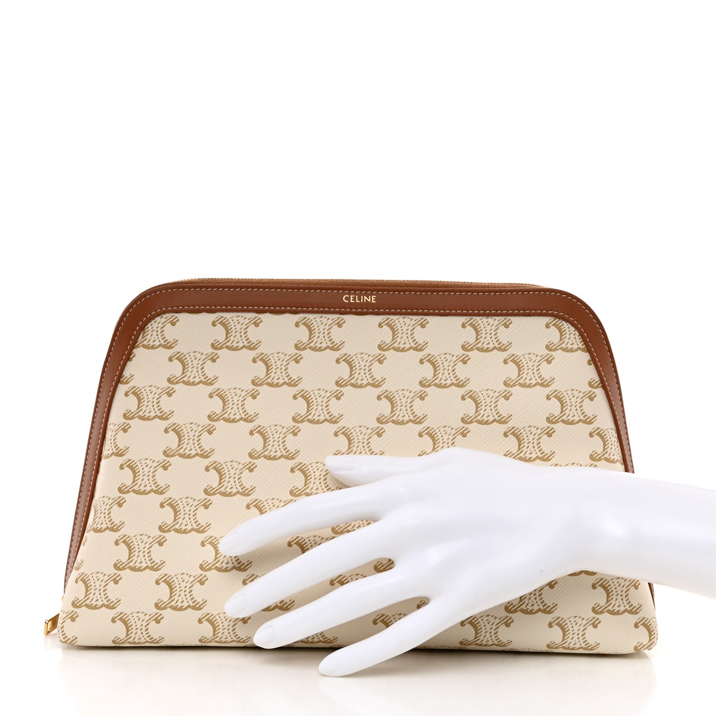 Triomphe Canvas Calfskin Large Cosmetic Pouch White Tan