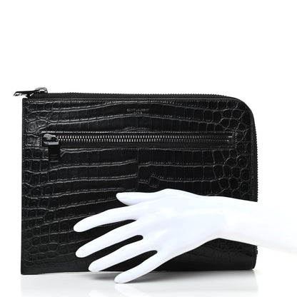 Saint Laurent Calfskin Crocodile Embossed iPad Case Black 2 of 7