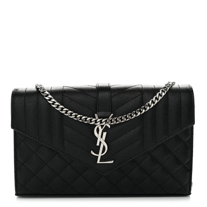 Saint Laurent Grain De Poudre Mixed Matelasse Triquilt Monogram Chain Wallet Black 1 of 10
