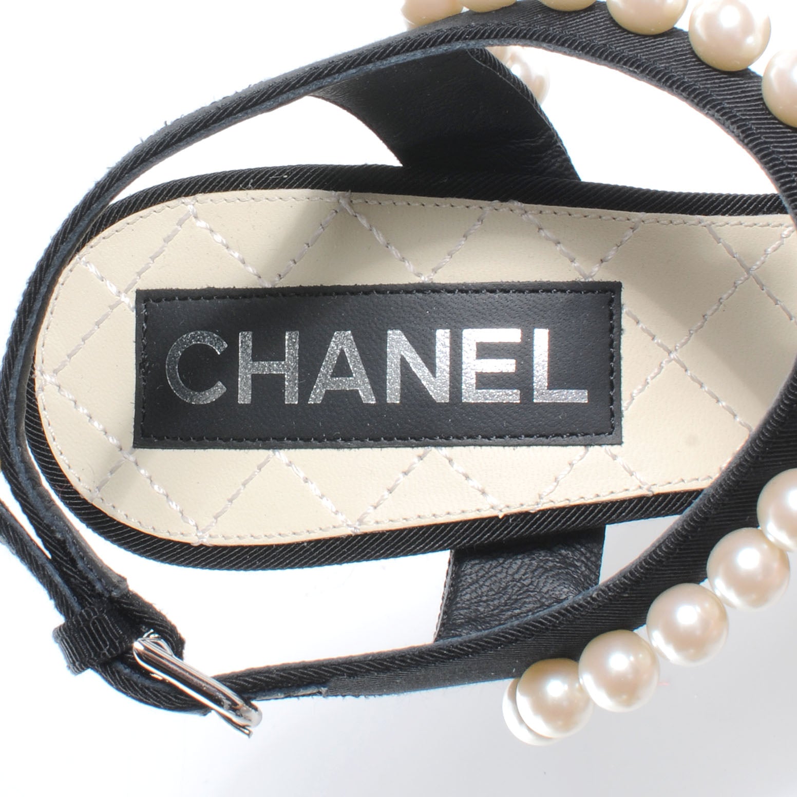 Chanel Pearl Trimmed Sandals Heels 38.5 Black 5 of 7