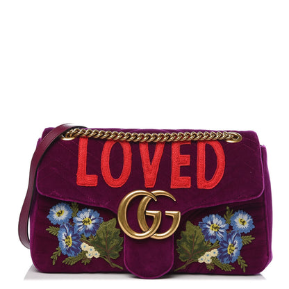 Gucci Velvet Matelasse Loved Embroidered Medium GG Marmont Shoulder Bag Fuchsia Violet Cyclamen 1 of 8