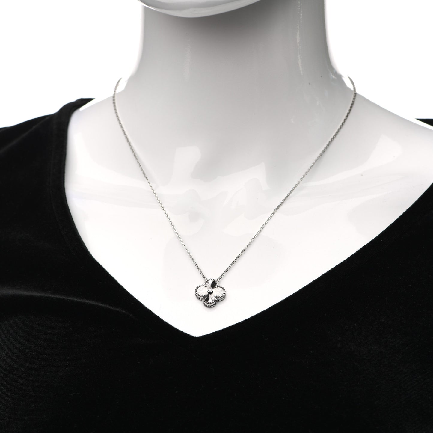 18K White Gold Diamond Guilloche Vintage Alhambra Pendant Necklace