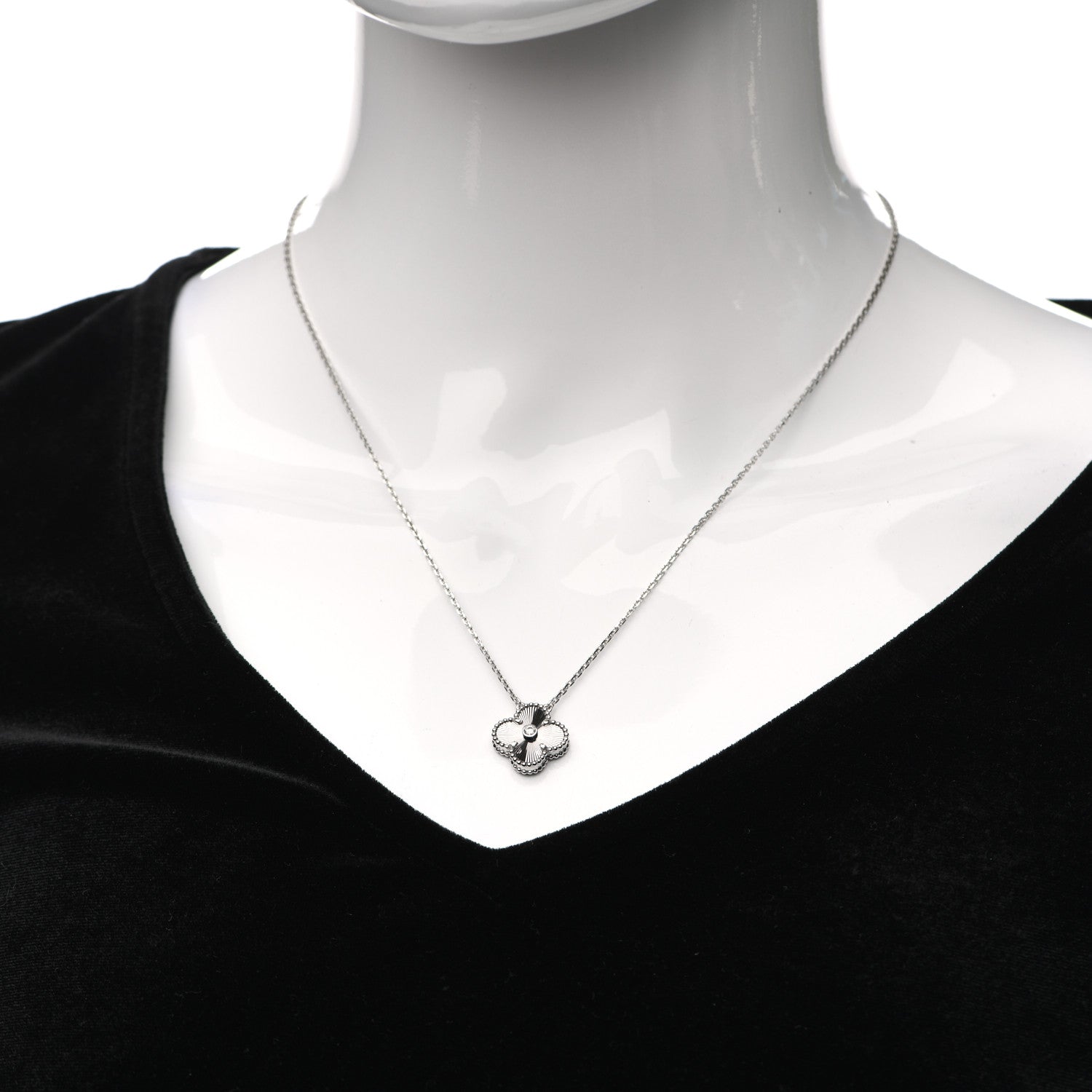 Van Cleef & Arpels 18K White Gold Diamond Guilloche Vintage Alhambra Pendant Necklace 2 of 7