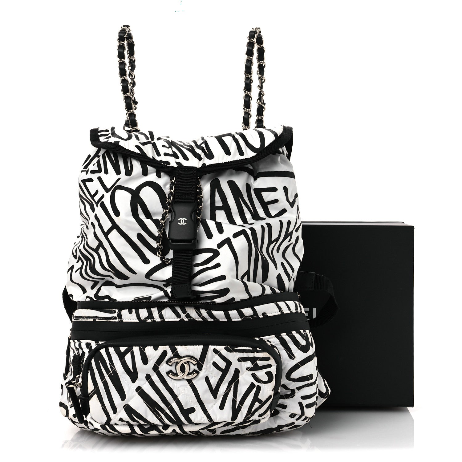 Chanel Nylon Printed Quilted Coco Neige Convertible Backpack Black White 18 of 18