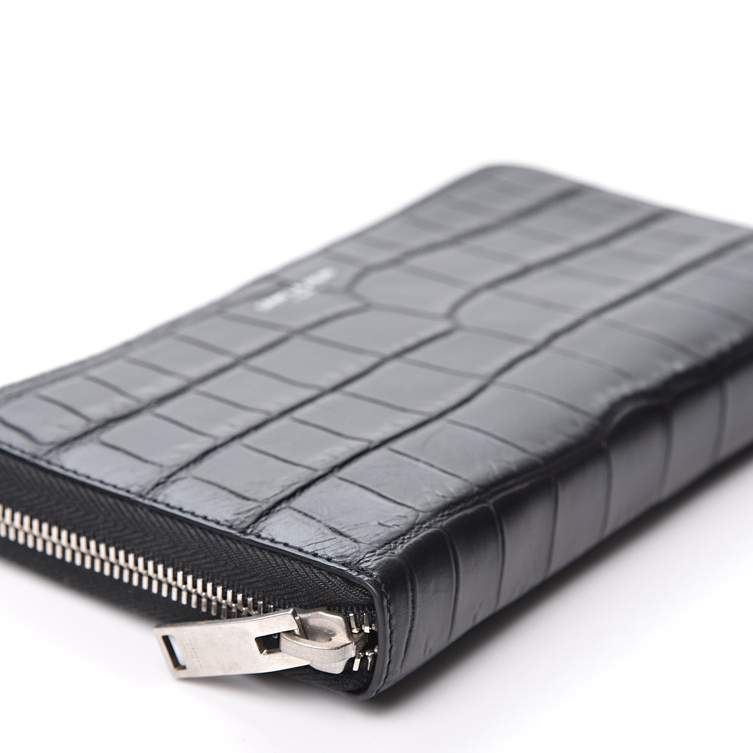 Saint Laurent Calfskin Crocodile Embossed Zip Around Continental Wallet Black 4 of 9