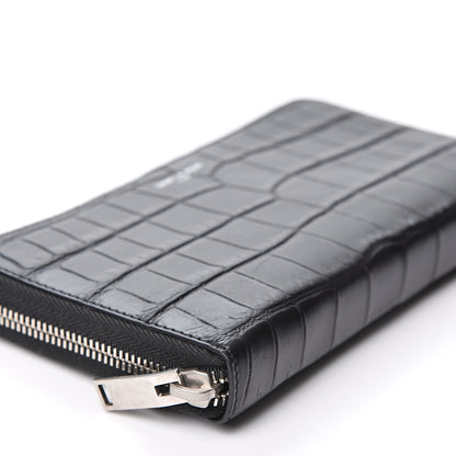 Saint Laurent Calfskin Crocodile Embossed Zip Around Continental Wallet Black 4 of 9