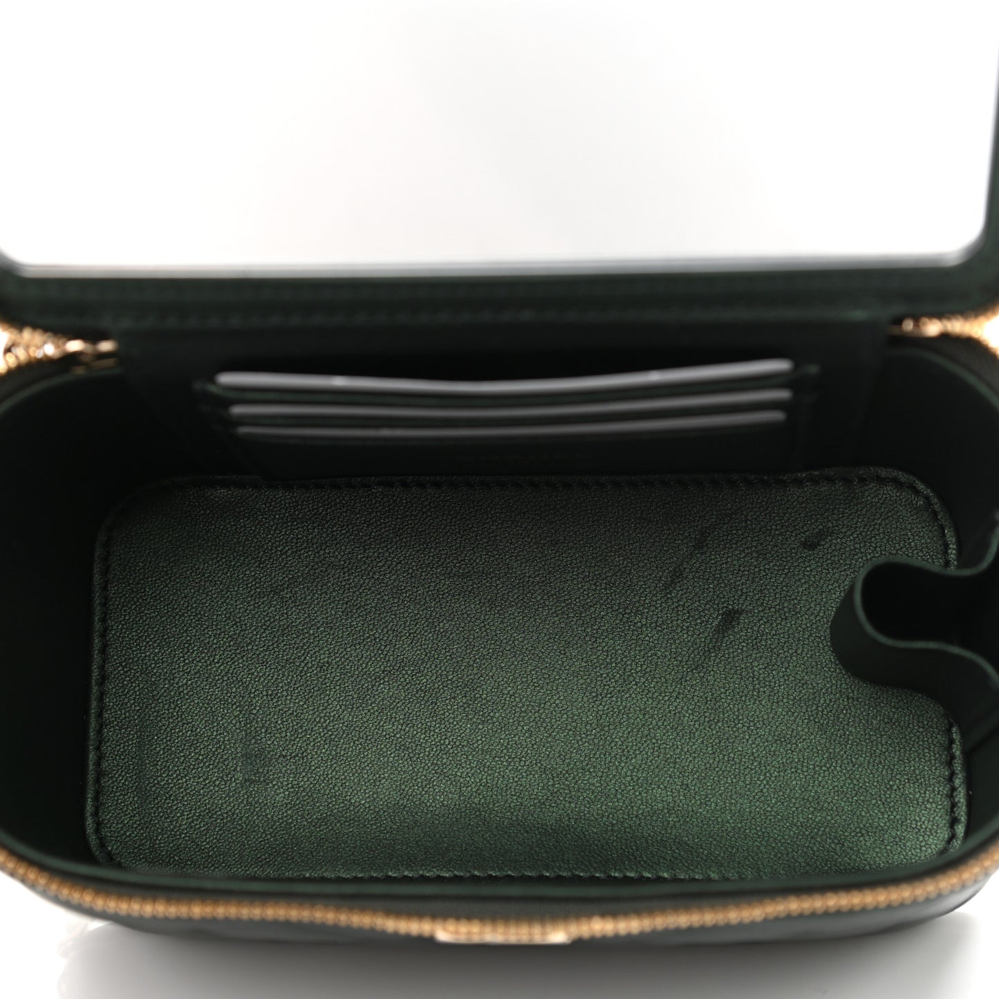 Iridescent Lambskin Quilted Small Top Handle Vanity Case With Chain Green