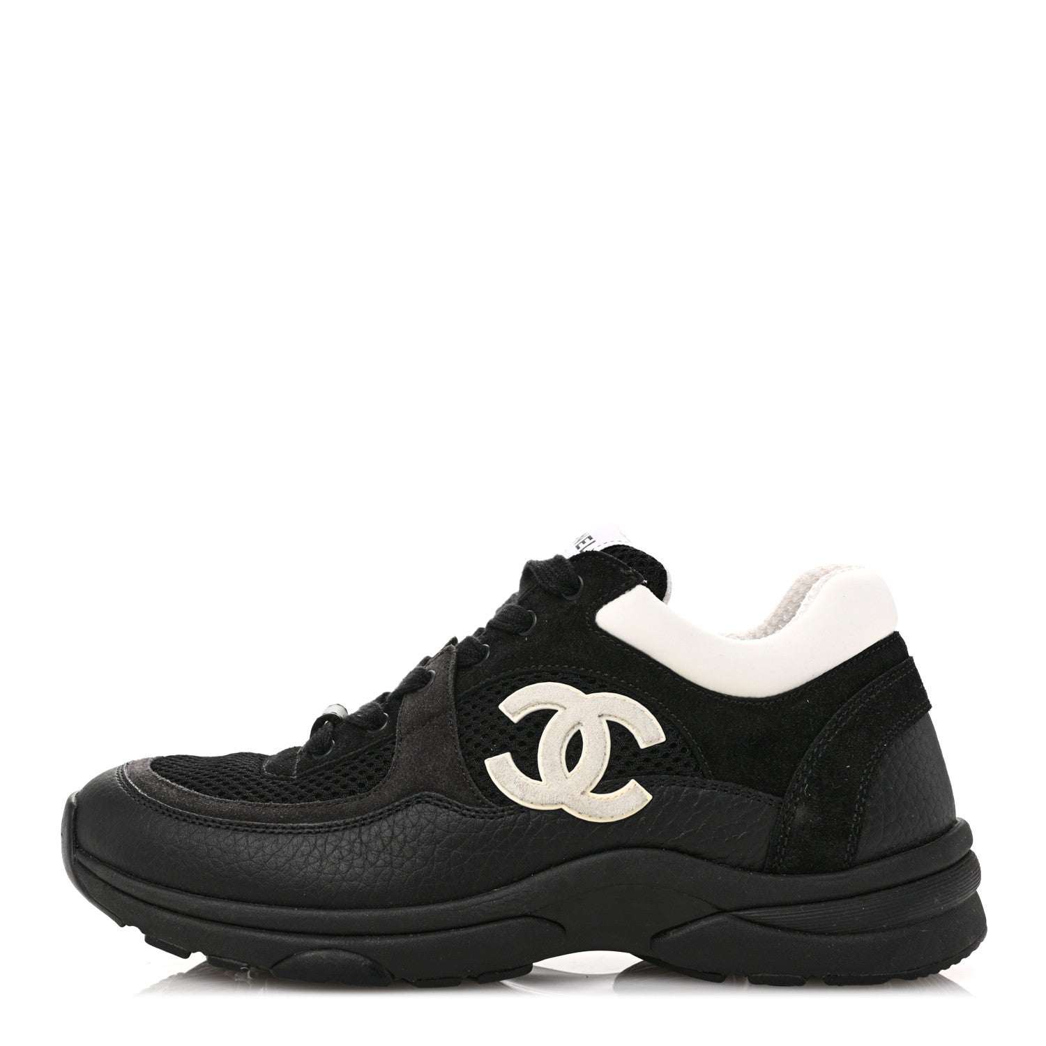Chanel Mesh Suede Grained Calfskin Womens CC Sneakers 37 Black White 1 of 8