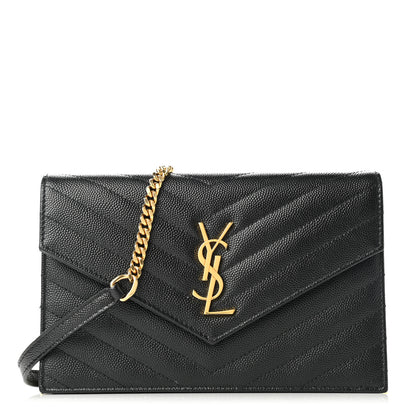 Saint Laurent Grain De Poudre Matelasse Chevron Monogram Envelope Chain Wallet Black 1 of 9