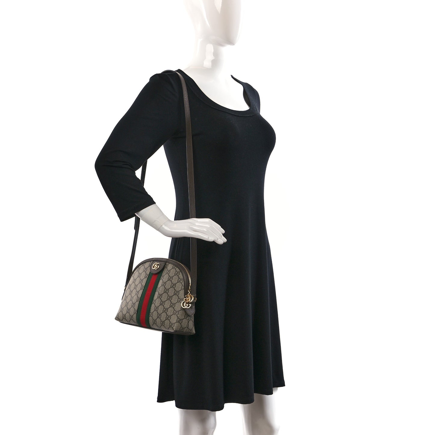 GG Supreme Monogram Textured Dollar Calfskin Web Small Ophidia Dome Shoulder Bag Beige Ebony New Acero