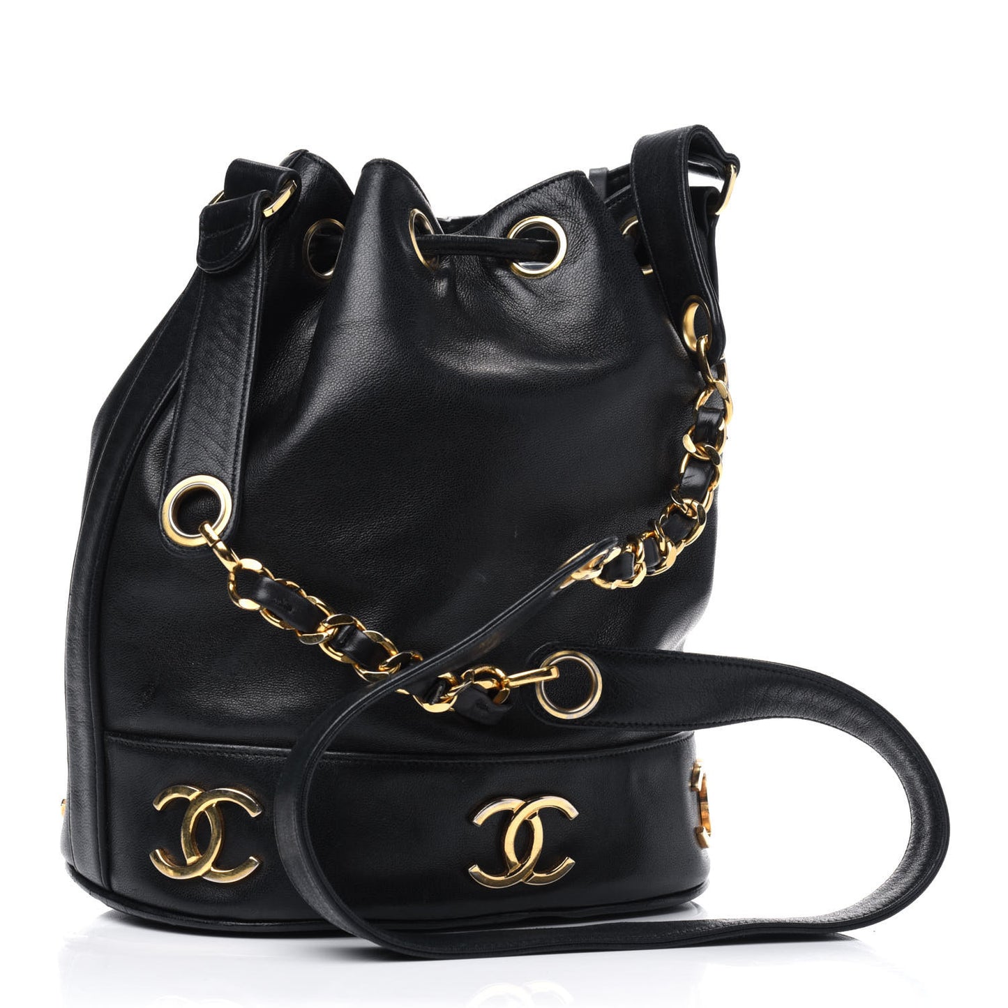 Lambskin Drawstring Bucket Bag Black