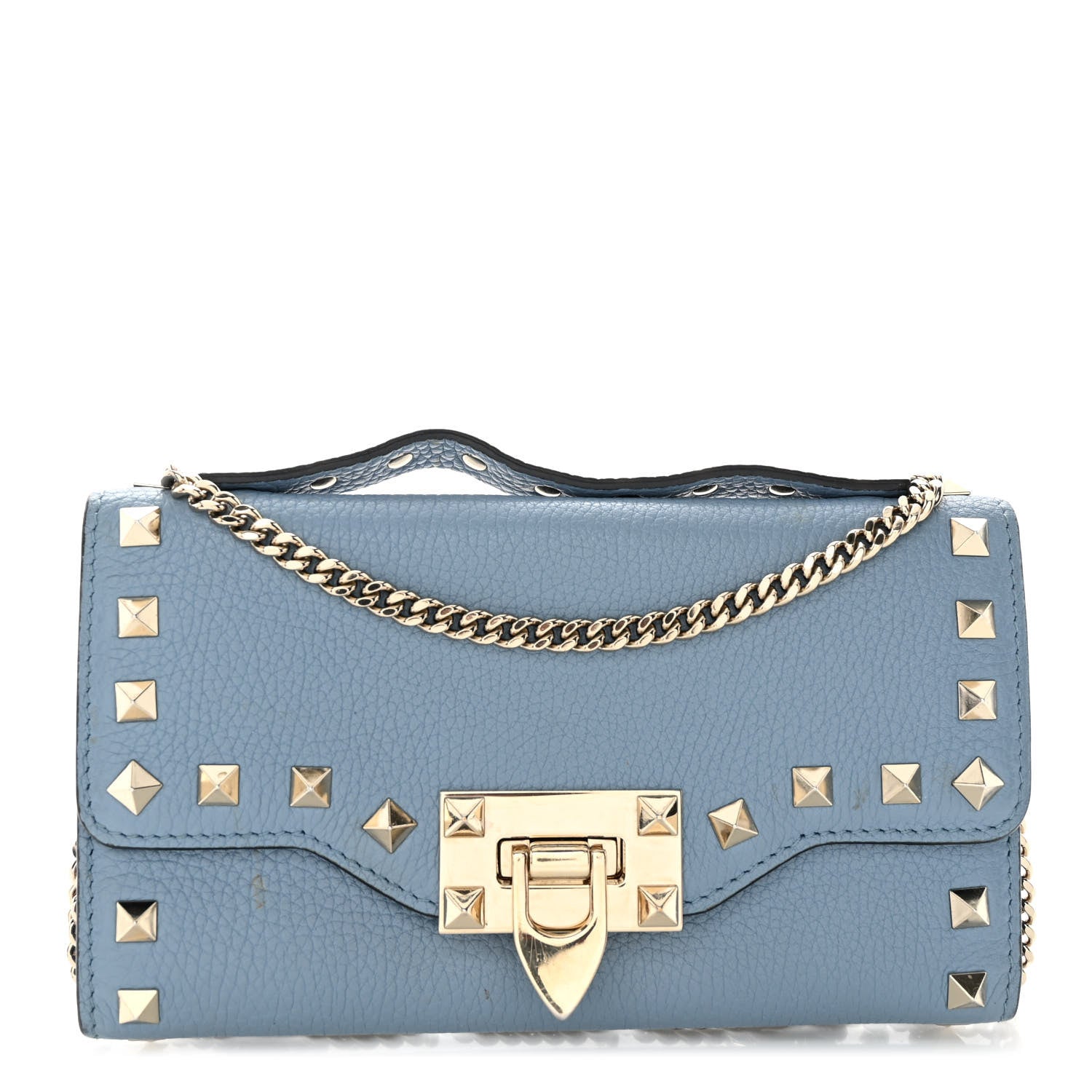 Valentino Garavani Pebbled Calfskin Rockstud Flip Lock Wallet On Chain Niagara 1 of 9