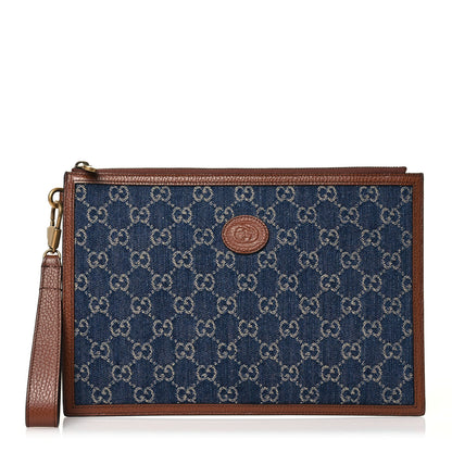 Gucci New Denim GG Monogram Dollar Calfskin Retro Interlocking G Wristlet Pouch Blue Tea Cuir Epilog 1 of 8