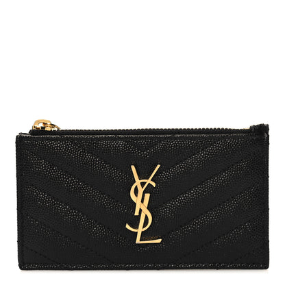Saint Laurent Grain De Poudre Matelasse Chevron Monogram Fragments Zippered Card Case Black 1 of 9
